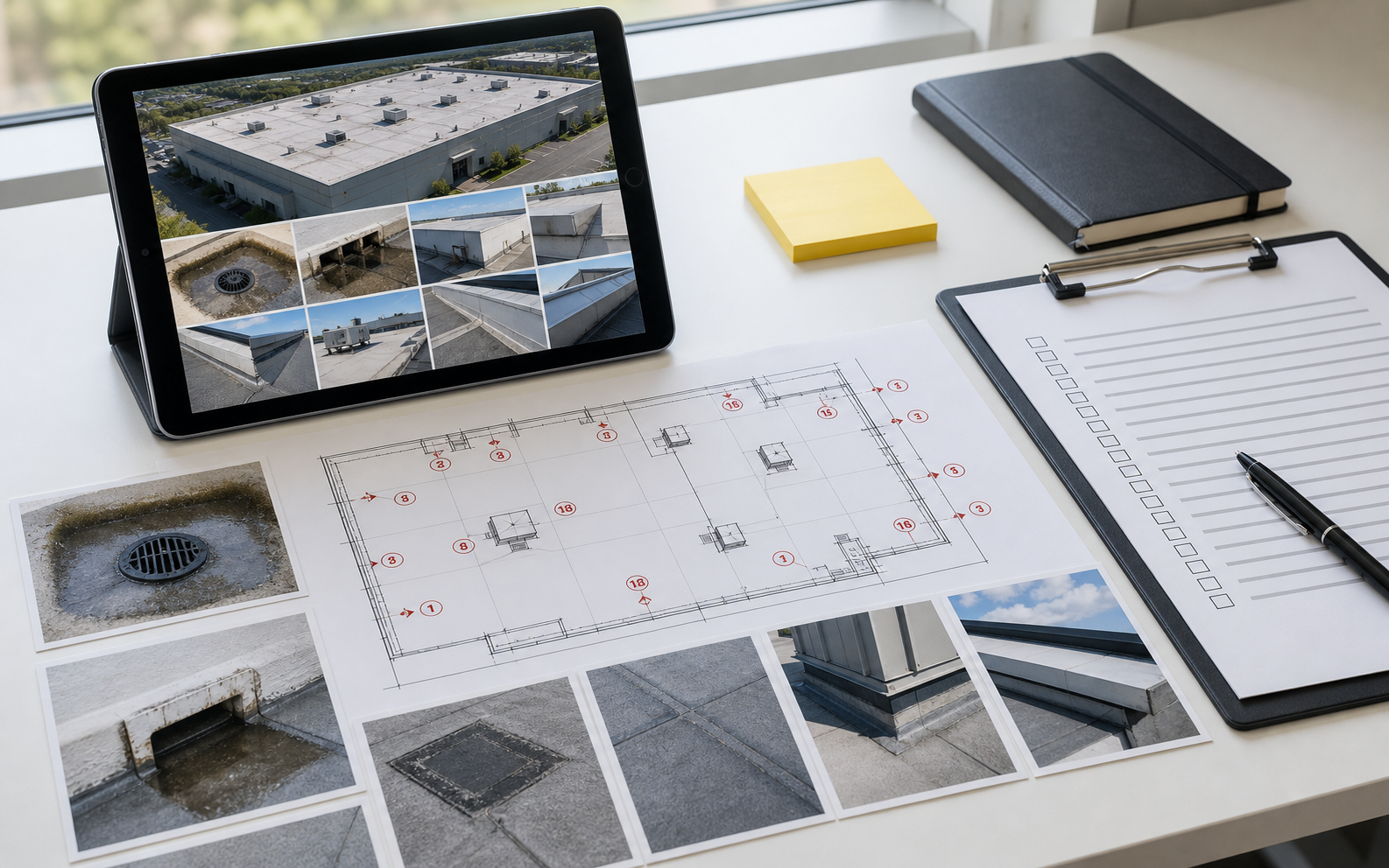 Commercial roof diligence desk with roof inspection photo grid, numbered roof plan, drain and flashing photos, and checklist notes.
