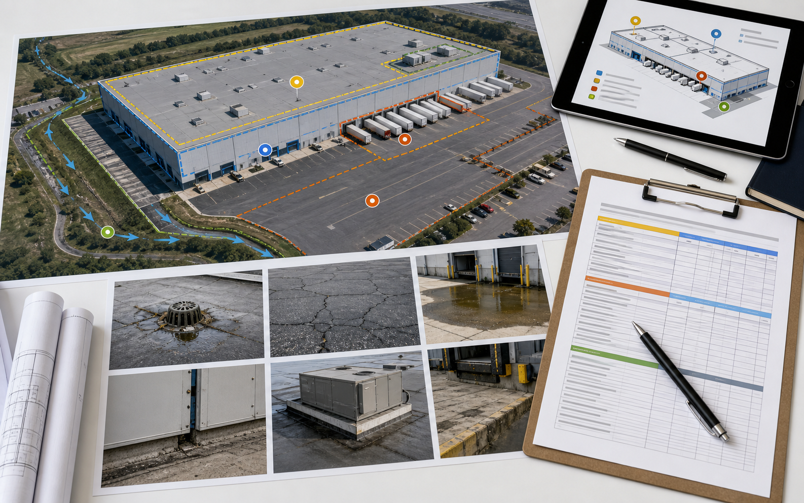 Industrial building physical underwriting workspace with warehouse roof, truck court paving, site drainage, dock areas, wall envelope, and reserve worksheet.
